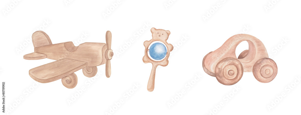 Fototapeta premium Toy plane and car. Set of baby cliparts