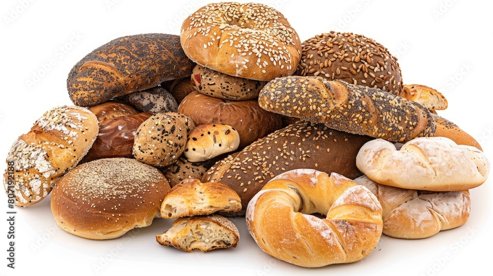 bread, whole grain and rye varieties, set against a white background, a creative arrangement of raw potatoes, sweet potato, and macaroni shaped into an arrow, attention to the centerpiece. bread, whole grain and rye varieties, set against a white background, a creative arrangement of raw potatoes, sweet potato, and macaroni shaped into an arrow, attention to the centerpiece.