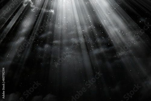 Light rays in the dark, black and white abstract background for design