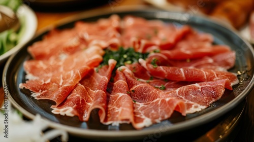 Close-up of thinly sliced meat arranged on a plate, ready to be cooked in a hot pot, showcasing the freshness and quality of the ingredients.
