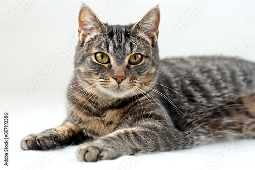 Portrait of a striped cat on a white background close-up