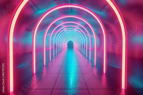 Vividly lit abstract tunnel in a futuristic style, with glowing neon accents along the walls and floor, creating a dynamic 3D space