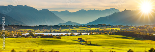  Panorama Landschaft im Frühling bei Murnau in Bayern mit Riegsee und Zugspitze photo