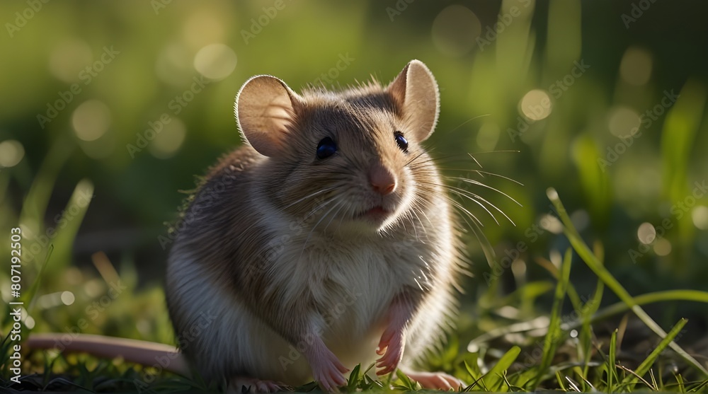 Funny mouse sitting in the green grass in the rays.generative.ai Funny mouse sitting in the green grass in the rays.generative.ai