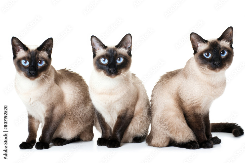 Three Siamese cats, elegant and poised