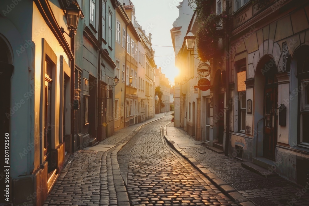 Old town in Europe at sunset with retro vintage Instagram style filter effect