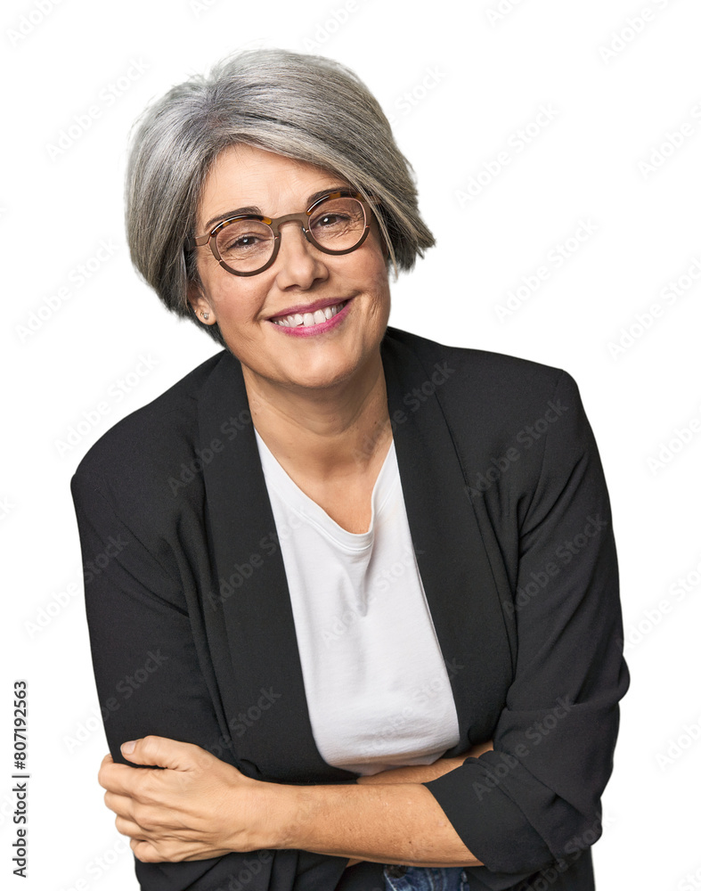 Caucasian mid-age female in business suit laughing and having fun. Caucasian mid-age female in business suit laughing and having fun.
