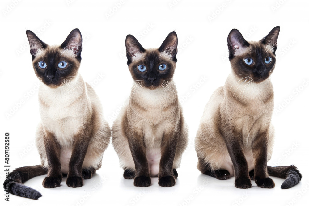 Three Siamese cats, elegant and poised
