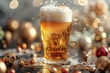 Glass of beer with splashes on blurred background with Christmas decorations, closeup