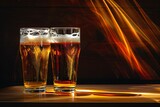 Two glasses of beer on a dark wooden background,  Close-up