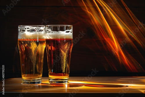 Two glasses of beer on a dark wooden background, Close-up