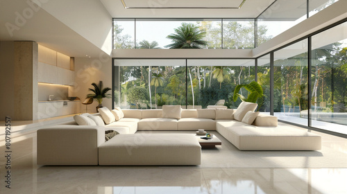 Bright airy interior living room with huge windows and comfy sofa in the middle  with white and green colors  in a contemporary style  with a minimalist art movement.