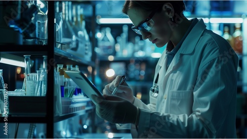 Young scientists conducting research investigations in a medical laboratory, a researcher in the foreground is using a microscope.