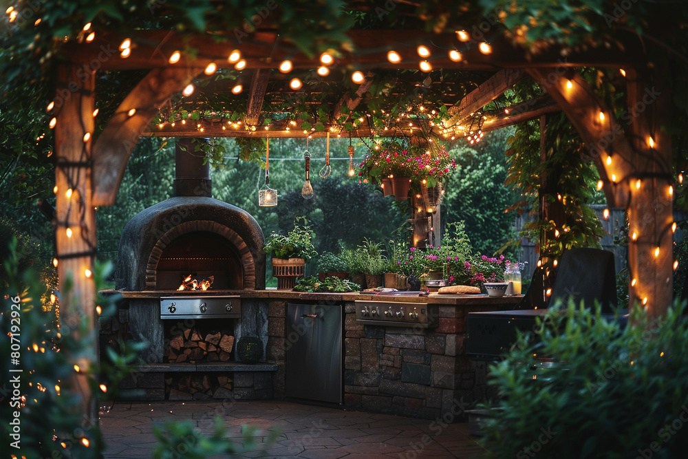 Tranquil alfresco entertaining area with pizza oven, grill, greenery, and string lights