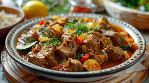 The cuisine of Bosnia and Herzegovina. Lamb stew with zucchini. 