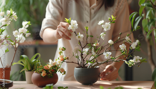 Woman making ikebana at table in room, closeup © Oleksiy