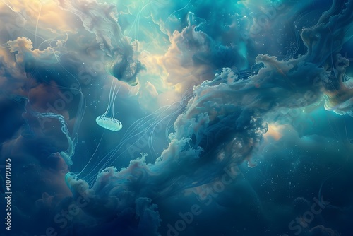 Ethereal Jellyfish Floating in Shimmering Underwater Dreamscape