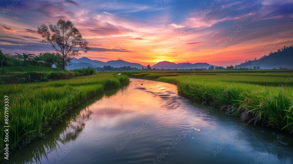 Golden hour over a tranquil river flowing through lush rice paddies, reflecting the colorful sky as the sun sets on the horizon.