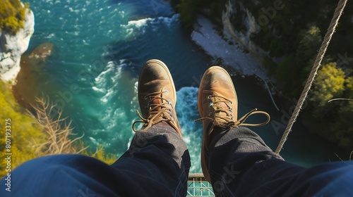 Traveler on a bungee platform, close-up on feet stepping off, rush of the river below, thrilling moment 