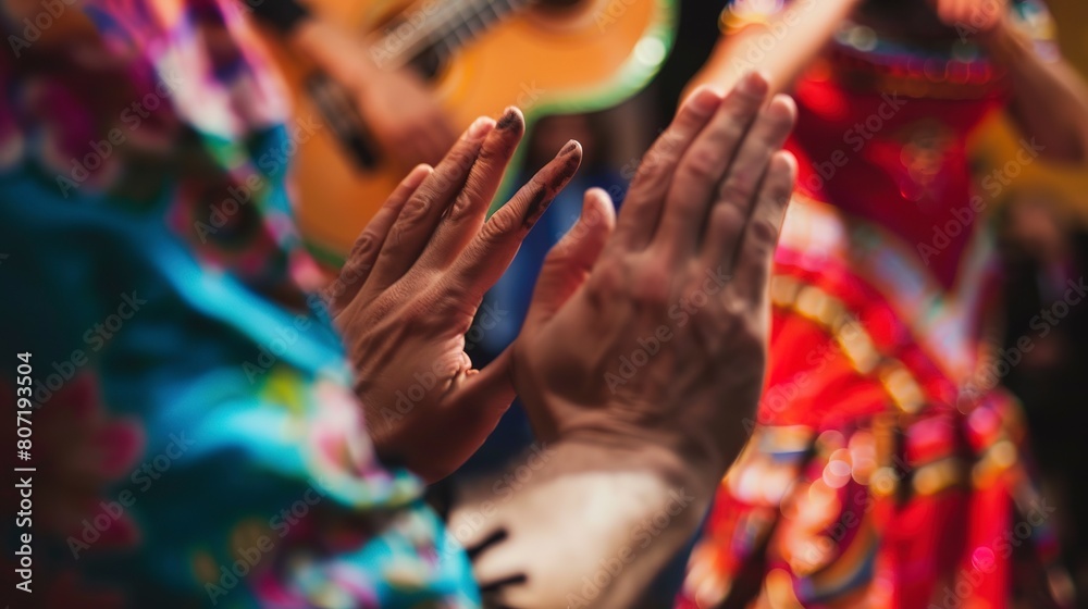 Obraz premium Backpacker watching a flamenco dance in Spain, close-up on clapping hands, vibrant dress swirling in background 
