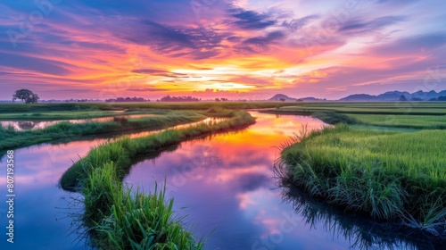 Golden hour over a tranquil river flowing through lush rice paddies, reflecting the colorful sky as the sun sets on the horizon.