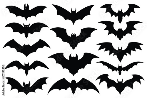 Set of bats black Silhouette Design with white Background and Vector Illustration