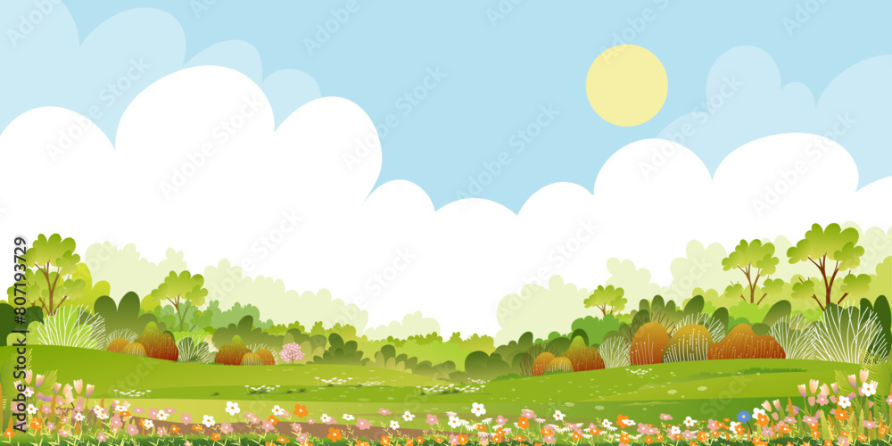 Spring landscape with flower in park,Vector illustration cartoon with green grass meadow on hills with cloud blue sky,Banner Nature Farm lawn field blooming in garden at village in sunny day summer
