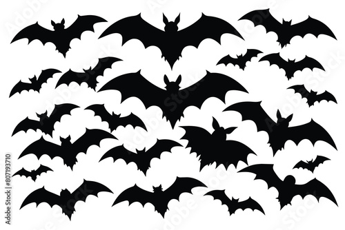 Set of bats black Silhouette Design with white Background and Vector Illustration