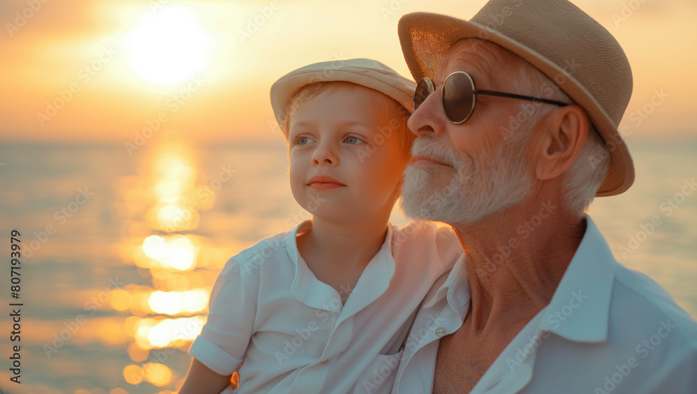 Cute little boy with grandfather spending time together near sea at beautiful sunset 
