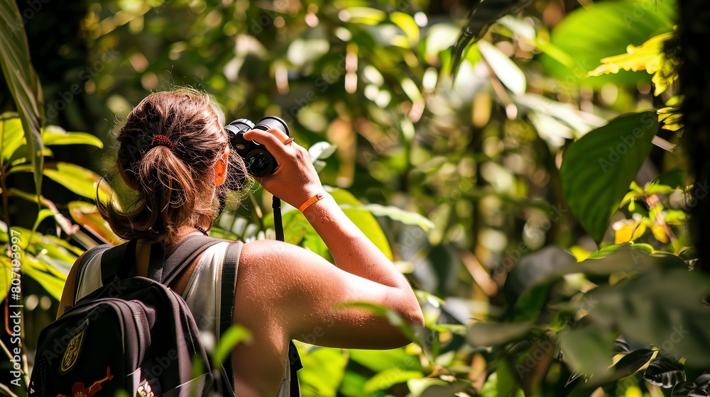 Solo traveler birdwatching in a lush forest, close-up on binoculars and a rare bird in the background Solo traveler birdwatching in a lush forest, close-up on binoculars and a rare bird in the background