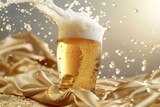 Glass of beer with splashes on golden silk background, closeup