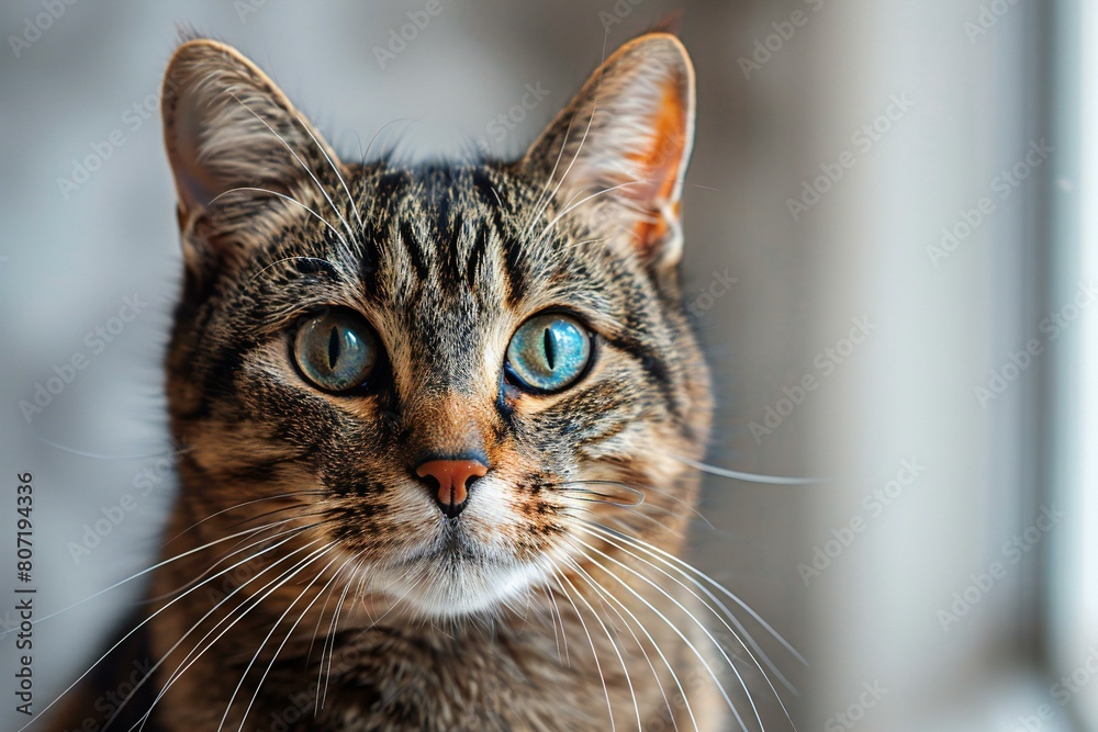 Portrait of a tabby cat with blue eyes looking at the camera