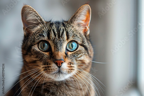 Portrait of a tabby cat with blue eyes looking at the camera © Cuong