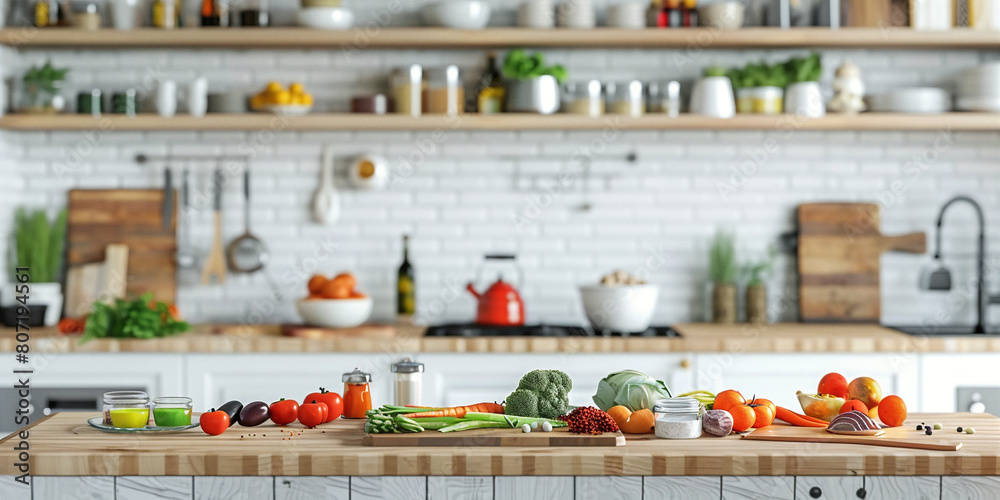 Freshly picked organic vegetables and fruits on a wooden table in a modern kitchen interior with white shelves and stainless steel appliances in the background