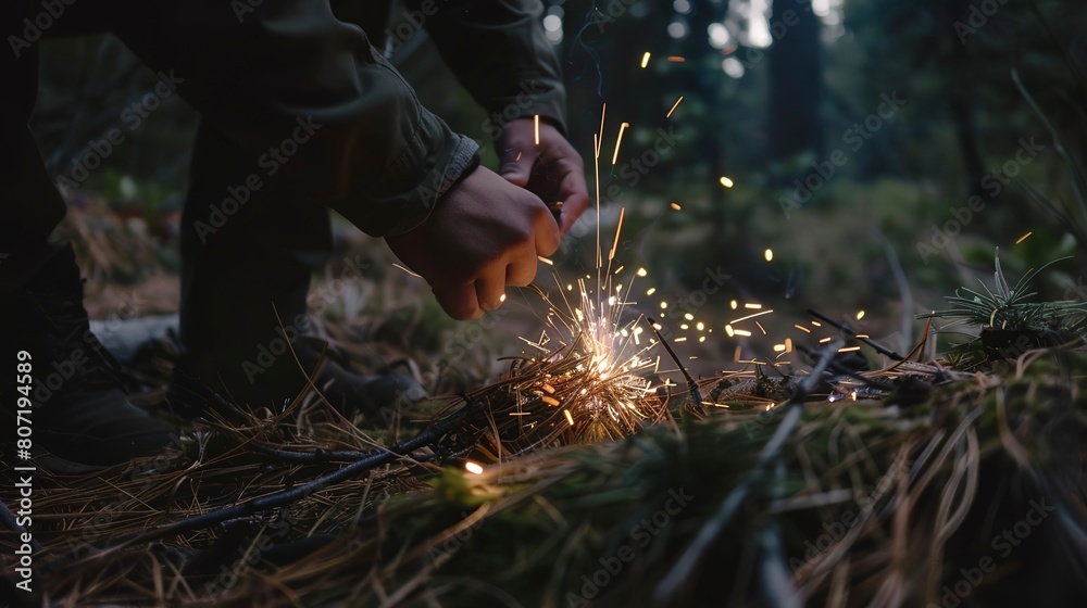 Obraz premium Solo traveler lighting a campfire near a forest, close-up on sparking flint and tinder, twilight setting 