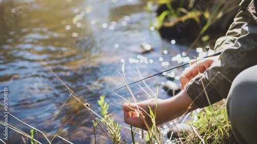 Tourist fishing in a quiet country stream, close-up on hands tying a lure, peaceful morning light
