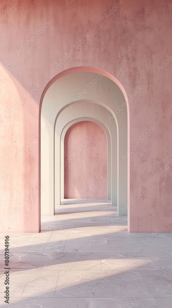 Pink arched hallway with a tiled floor