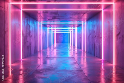 Pink and blue neon lights in a dark hallway