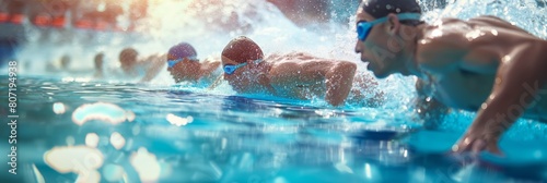 Swimmers fiercely compete in an indoor pool race, highlighting stamina and speed in sports photo