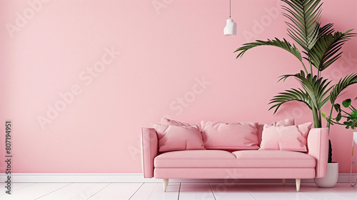 Pink pastel sofa and plant in front of pink wall  minimalism interior design  3d illustration