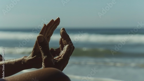 Solo traveler practicing yoga on a quiet beach, close-up on hands in Namaste, serene ocean backdrop