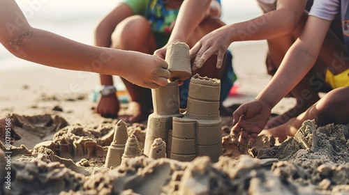 Family building a sandcastle on the beach, close-up on hands sculpting towers, joyful teamwork photo