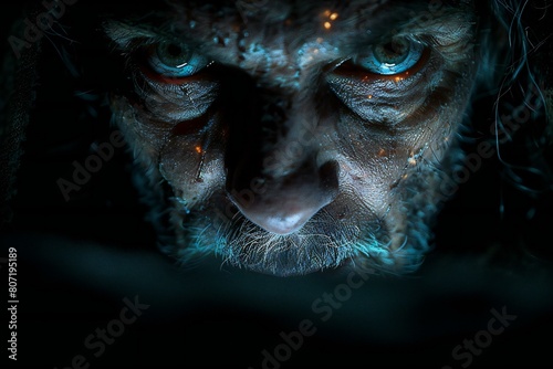 Creepy zombie with blue eyes in the dark, Halloween concept