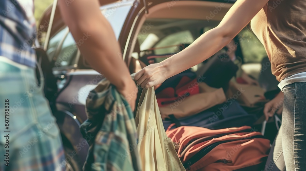 Parents packing up the car for a road trip, close-up on hands organizing luggage, anticipation of adventure 