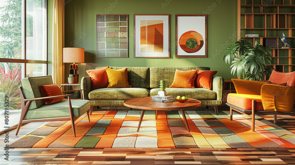 Retro inspired living room interior with green walls, orange accents ...