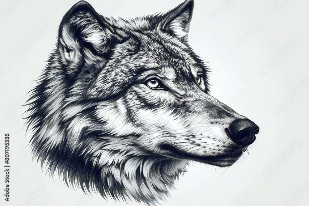Wolf portrait,  Hand drawn  illustration,  Canis lupus