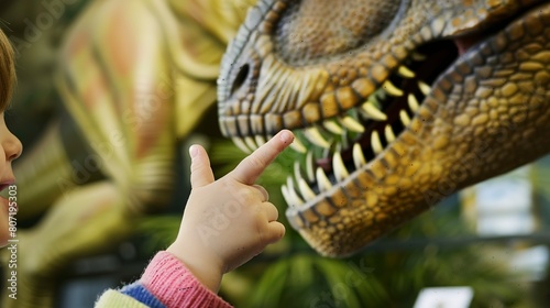 Family at a museum, close-up on child's hand pointing at a dinosaur exhibit, awe and curiosity  photo