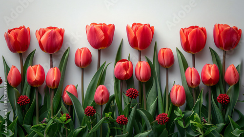 flowers of tulips and aspidistra on white background