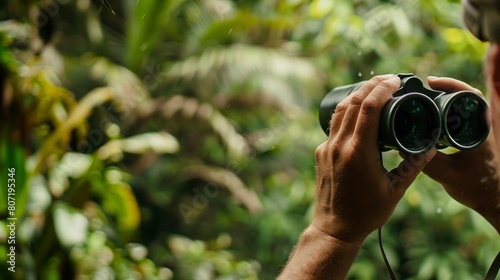 Tourist observing wildlife through binoculars in a rainforest, close-up on focused eyes, lush greenery behind