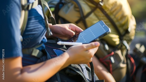 Backpacker using a solar-powered charger, close-up on device and smartphone, sustainable travel tech